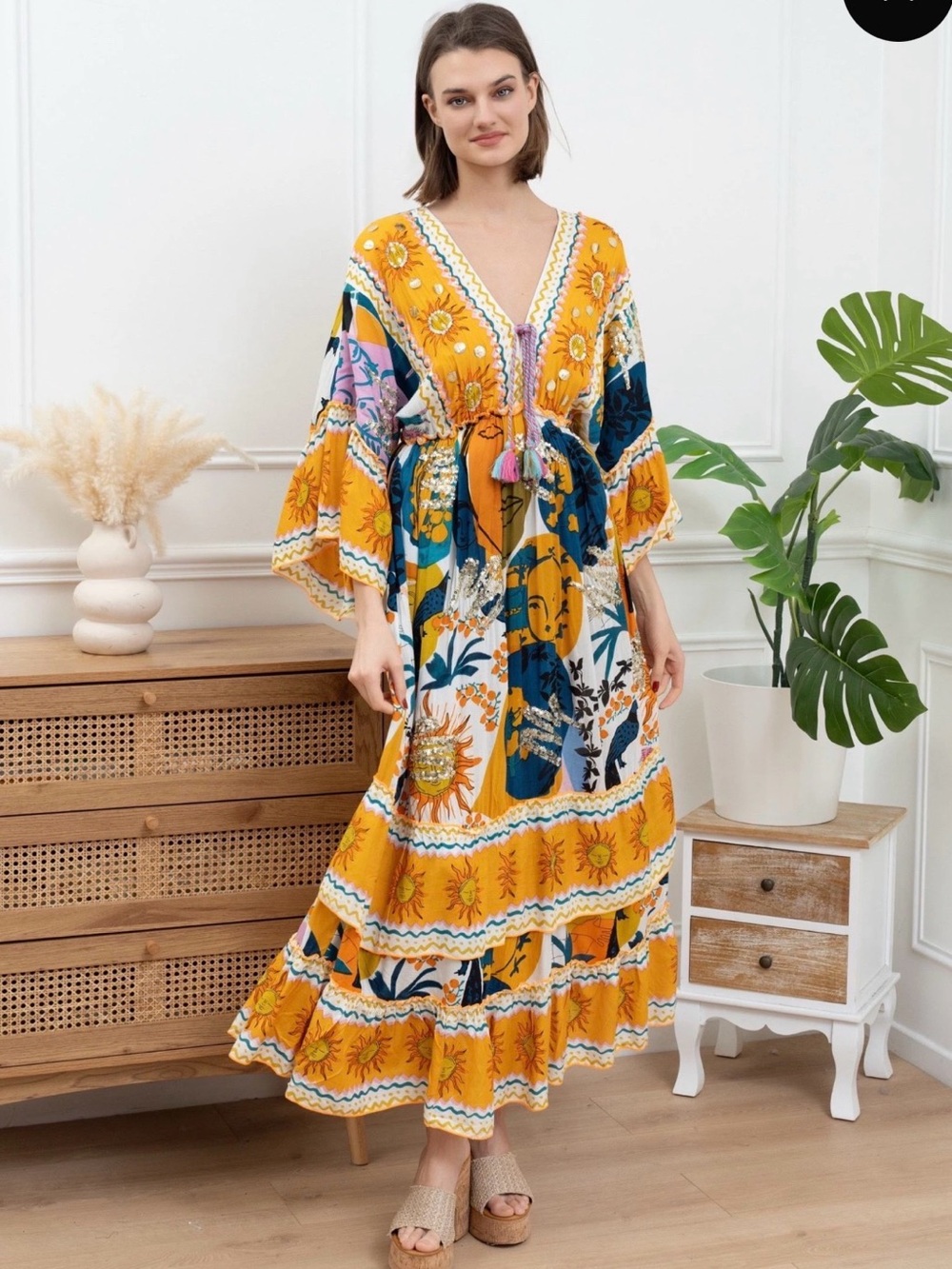 NWT Golden Days Paris M/L Boho Whimsical Print V-Neck Maxi Dress - Yellow